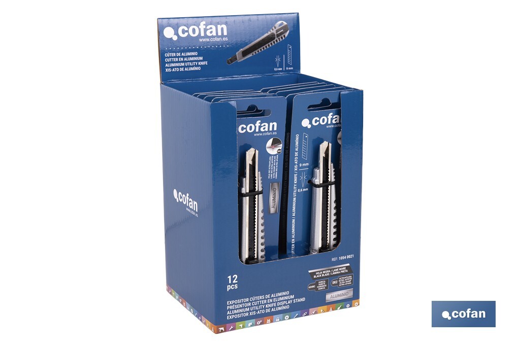 EXPOSITOR DE CÚTER DE ALUMINIO 9 MM 12 UDS.