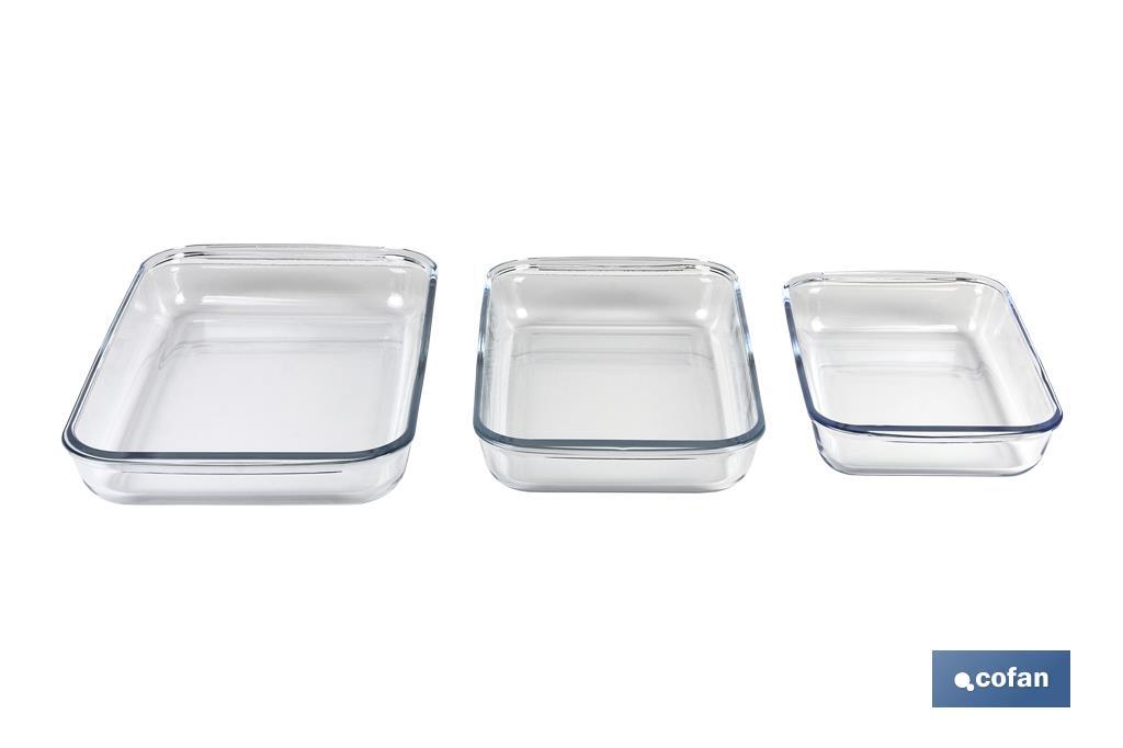 SET DE 3 FUENTES RECTANGULARES DE VIDRIO BOROSILICATO MODELO BARITINA 1600ML-2200ML-3000ML