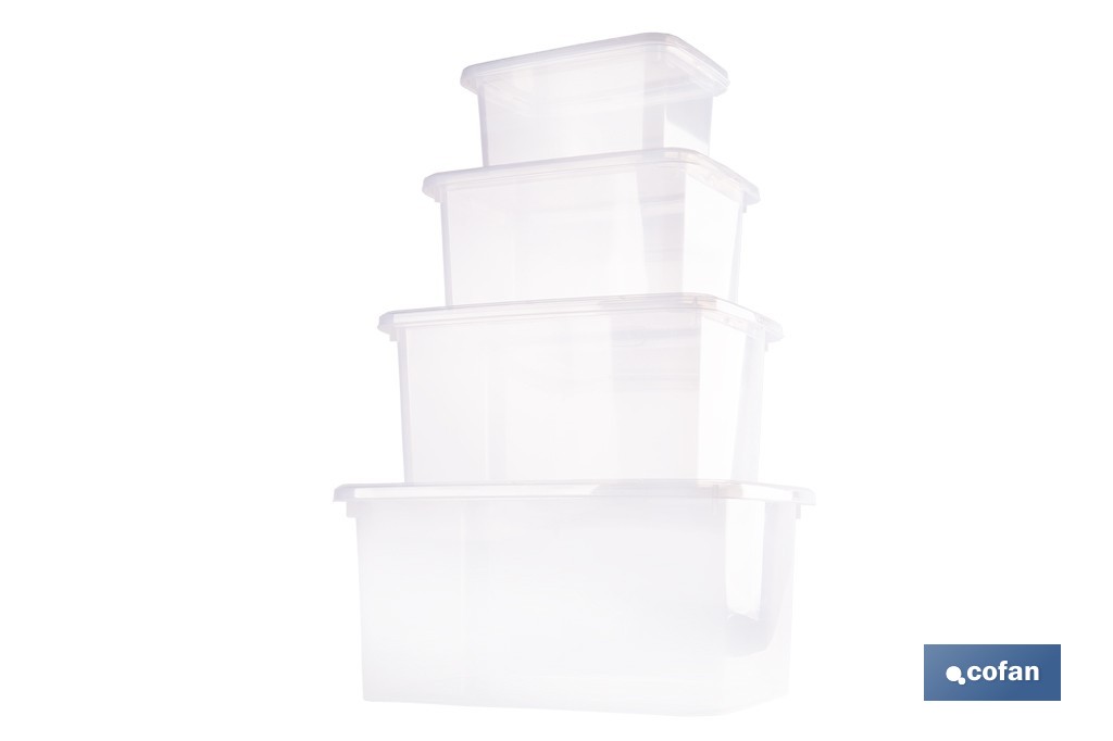PACK DE 4 CAJAS DE ALMACENAJE TRANSPARENTES 4 L + 8 L + 15 L + 26 L
