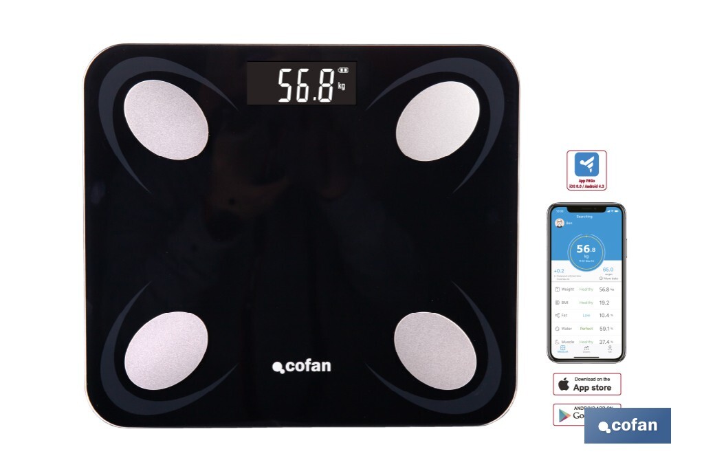 BÁSCULA DE BAÑO DIGITAL NEGRA CON PANTALLA LCD, USB Y MEDICIÓN IMC DE GRASA VISCERAL 30 X 26,5 X 2,2 CM