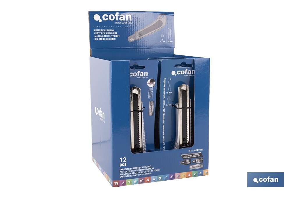 EXPOSITOR DE CÚTER DE ALUMINIO 18 MM 12 UDS.