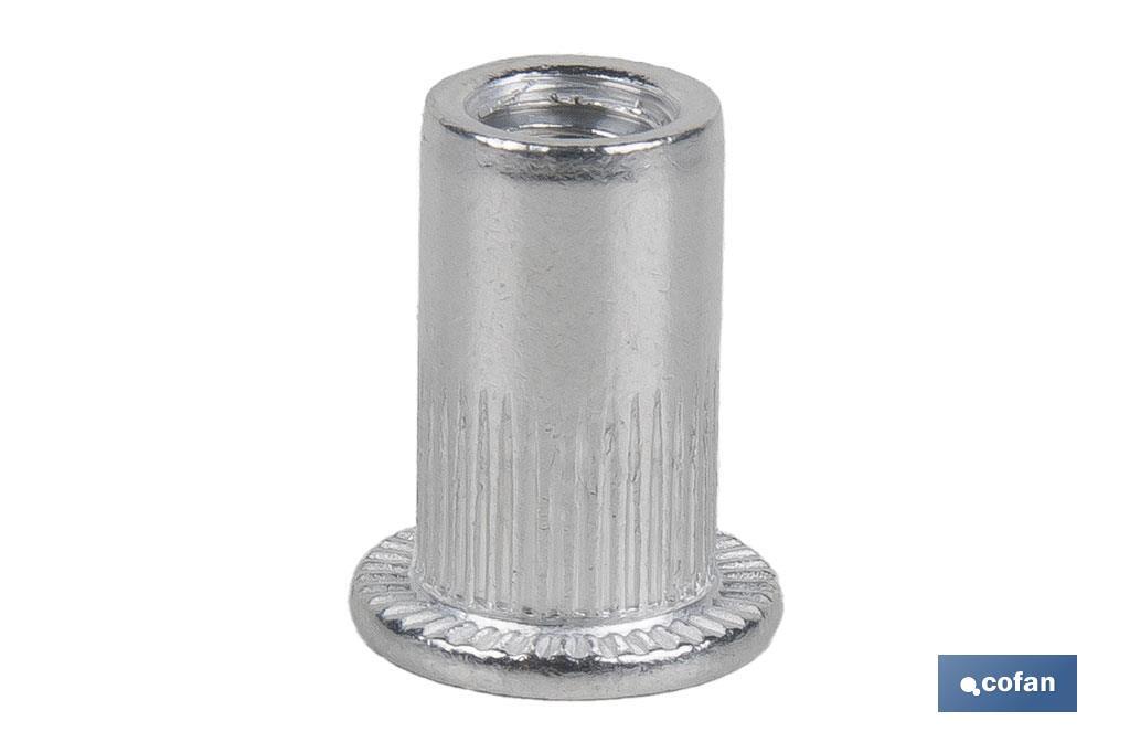 TUERCAS REMACHABLES CILÍNDRICAS RANURADAS FONDO ABIERTO CABEZA ANCHA ALUMINIO M3 X 10