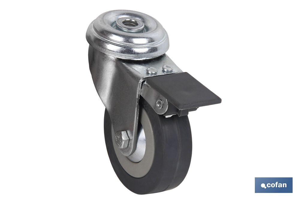 RUEDA DE GOMA GRIS CON AGUJERO PASANTE Y FRENO Ø65 X 22 MM VENTA UNITARIA