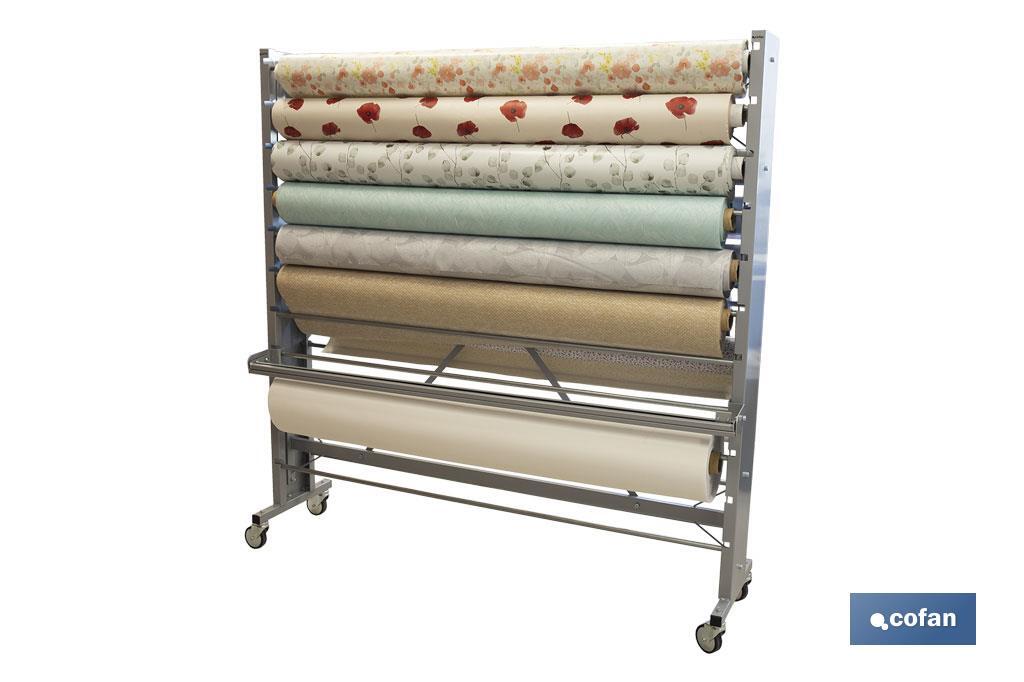 EXPOSITOR DE HULES Y MANTELES HORIZONTAL CON CORTADOR Y RUEDAS PARA 22 ROLLOS