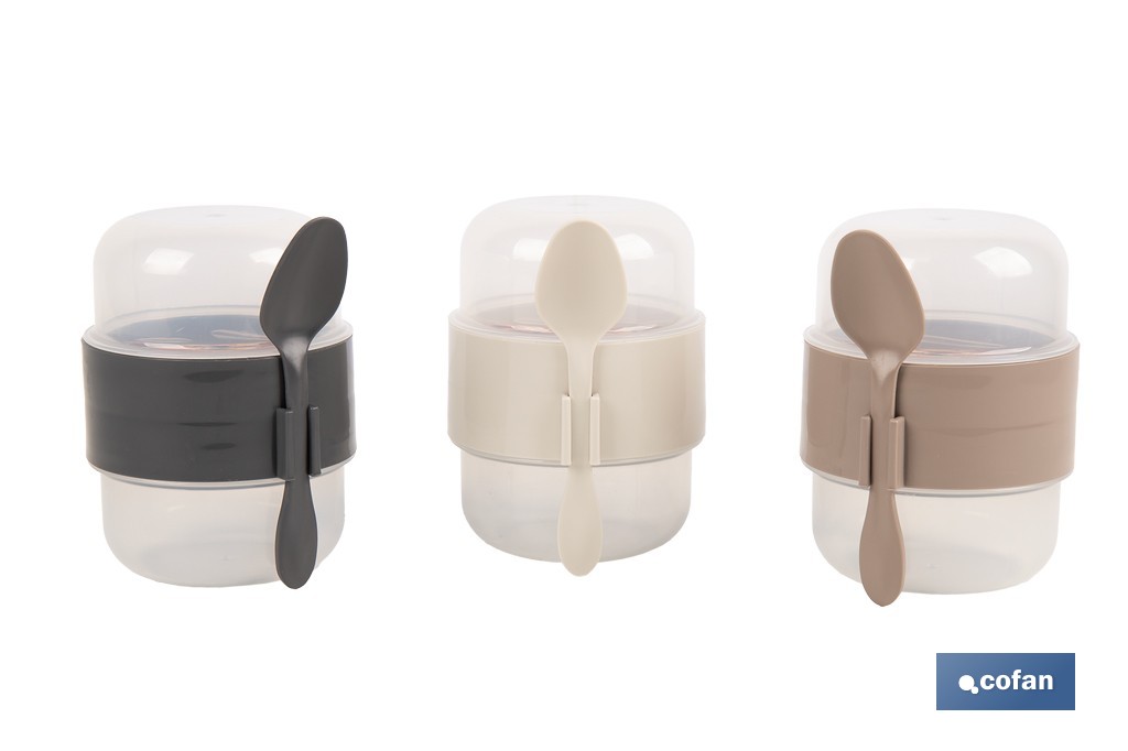 SET DE 3 RECIPIENTES CON TAPA, CUCHARA Y COMPARTIMIENTO INTERIOR  200ML+200ML
