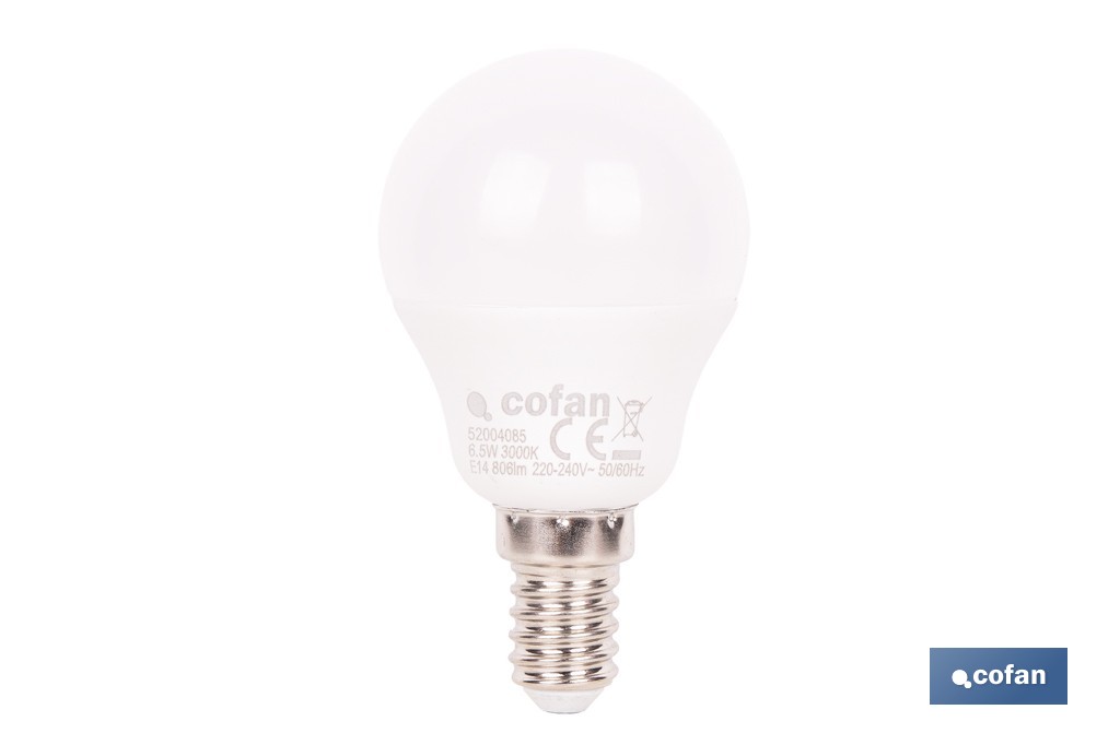 BOMBILLA LED ESFÉRICA E14 6.5 W 806 LM 3000 K
