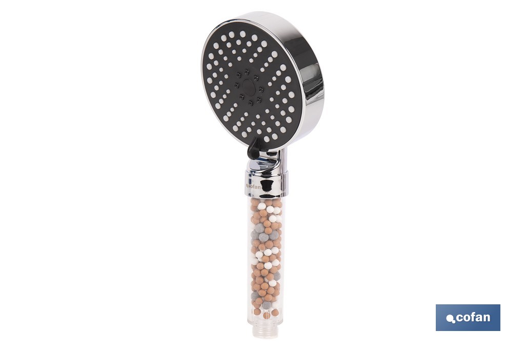 MANGO DE DUCHA IÓNICO CON ESFERAS MINERALES Y 5 FUNCIONES 110 X 255 MM