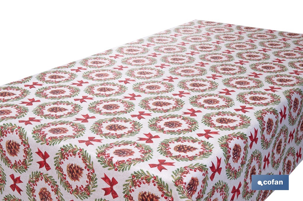 Rollo de mantel resinado antimanchas con lazos y piñas | Materiales: 75 % algodón y 25 % poliéster | Diseño navideño, fácil de 