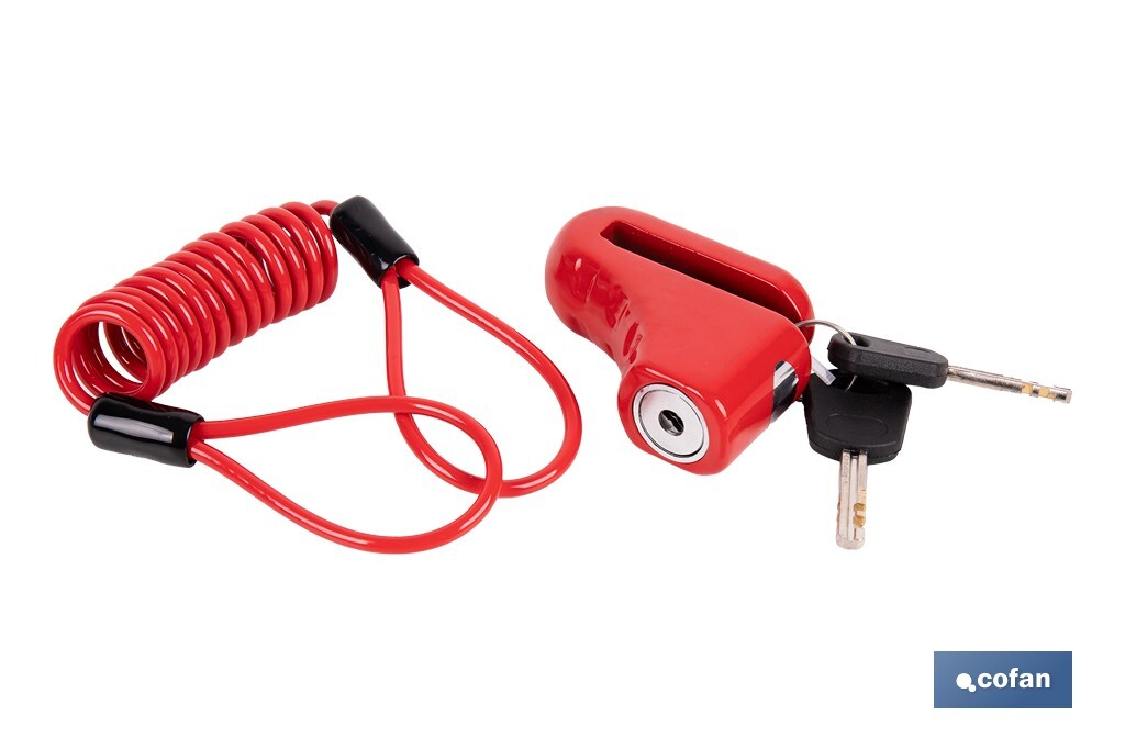 Candado de freno de disco | Cable rojo de 1 metro | Ideal para bicicleta, moto o patinete | Incluye 2 llaves tubulares | Cuerpo