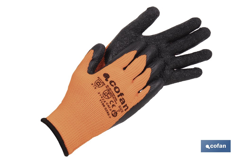 Guantes de protección naranja flúor con látex térmico | Protección mecánica y aislamiento térmico | EN 388 – EN 511 | Disponibl
