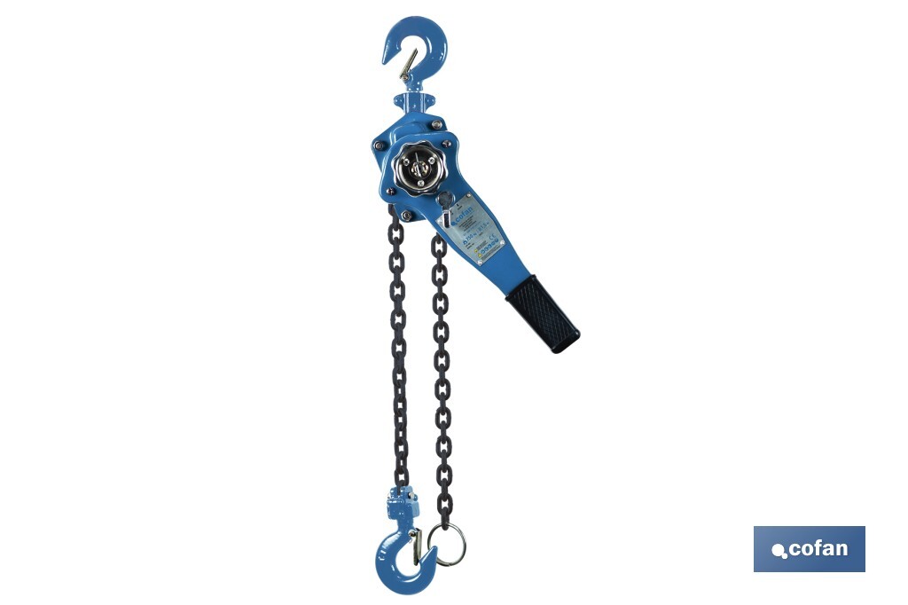 Polipasto manual de palanca | Altura de elevación: 1,5 m | Color: azul | Palanca ergonómica | Gancho resistente | Disponible en