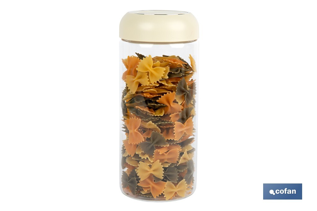 Bote de cocina de vidrio borosilicato | Tapa beige | Cierre a presión | Capacidad: 1,3 litros | Almacenaje de alimentos | Medid