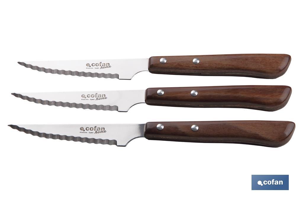 Pack 3 cuchillos chuleteros mango madera