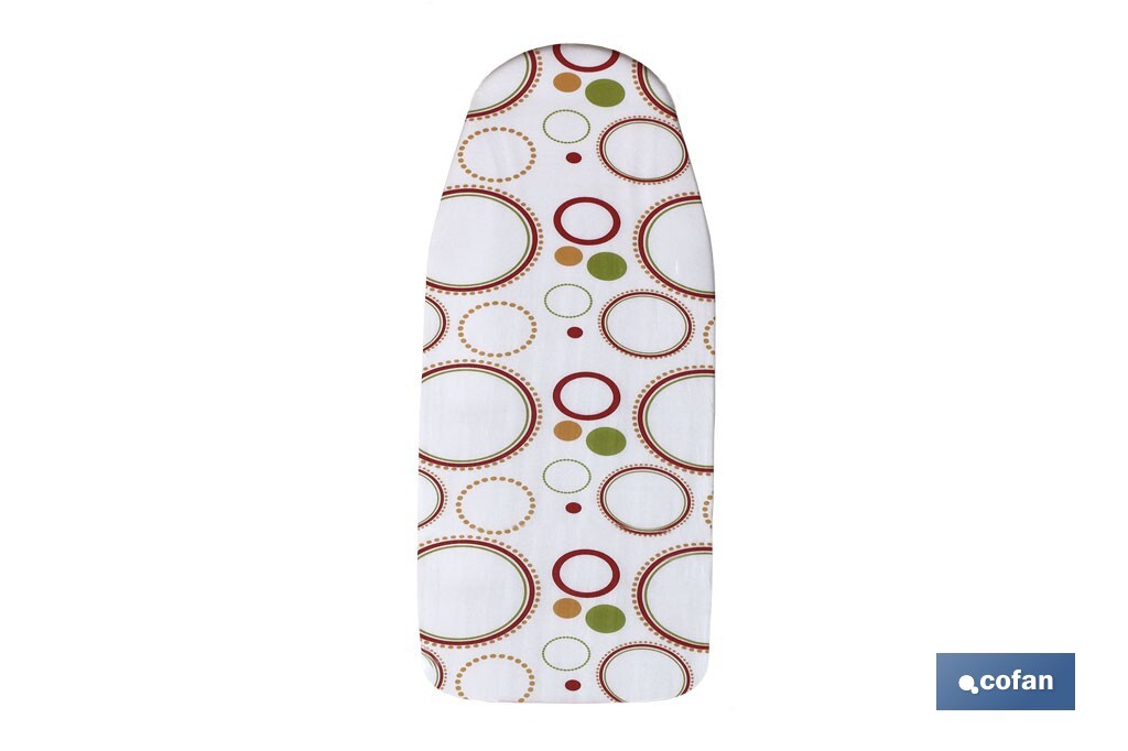Funda para tabla de planchar acolchada | Material: algodón y muletón | Medidas 140 x 60 cm | Estampado de círculos de colores