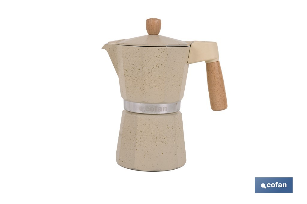 Cafetera italiana inducción | Capacidad: 6 tazas | Cuerpo de aluminio | Mangos de madera | Apta para todo tipo de fuegos | Disp