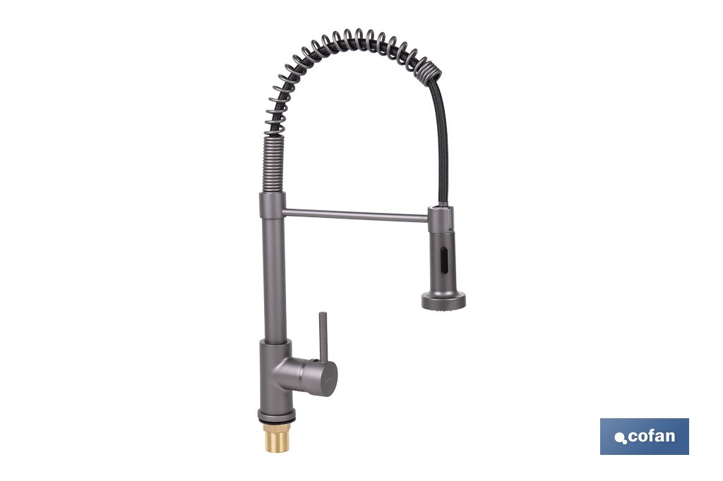 Grifo de cocina monomando con rociador | Caño giratorio 360° | Cuerpo de latón | Medidas: ø5 x 48 x 22 cm | Disponible en gris 