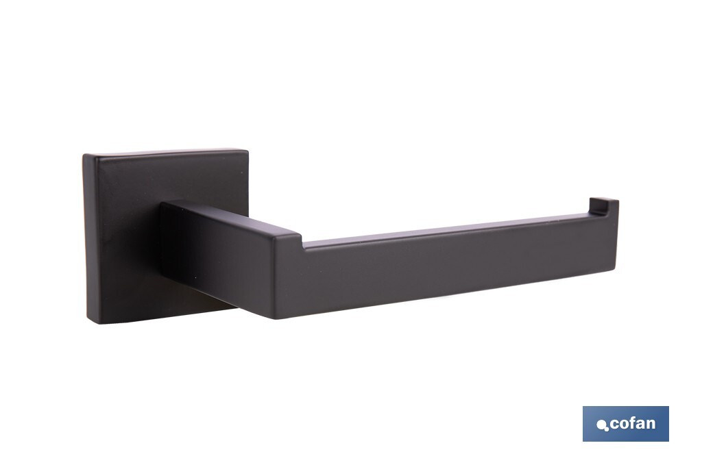 Portarrollos negro mate | Material: acero inoxidable | Diseño cuadrado | Kit de fijación incluido | Medidas: 16 x 8 x 5,5 cm