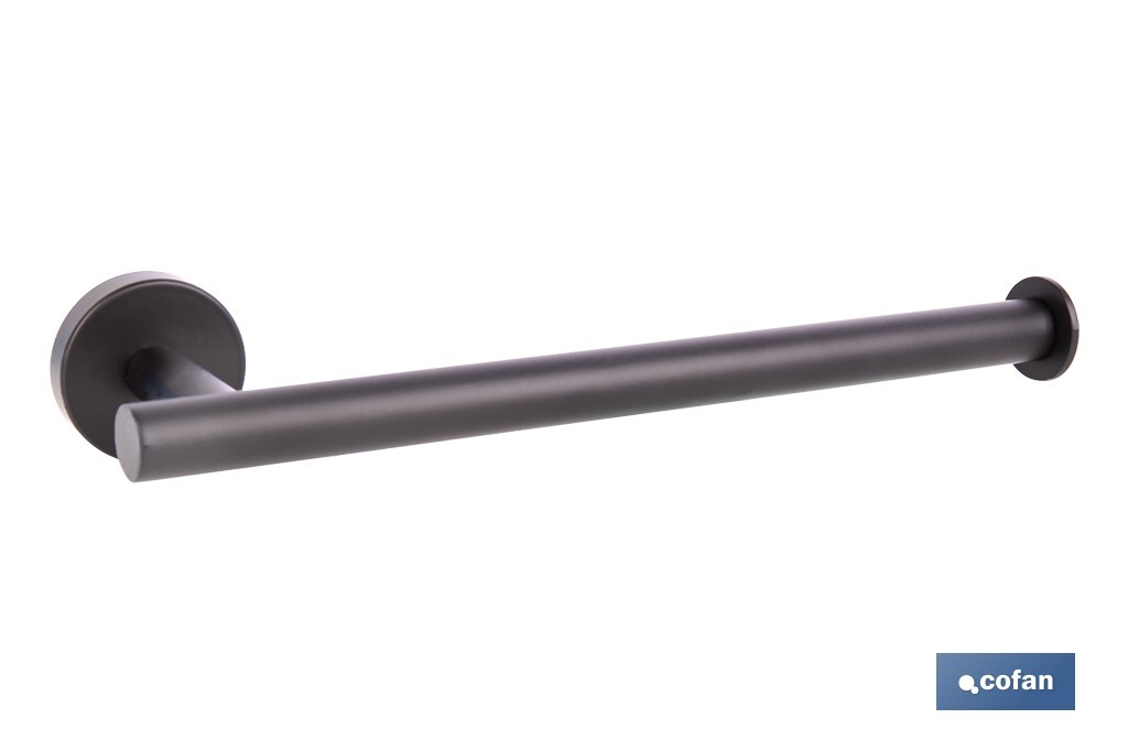 Toallero negro mate | Material: acero inoxidable | Diseño redondo | Kit de fijación incluido | Medidas: 28 x 8 x 5 cm