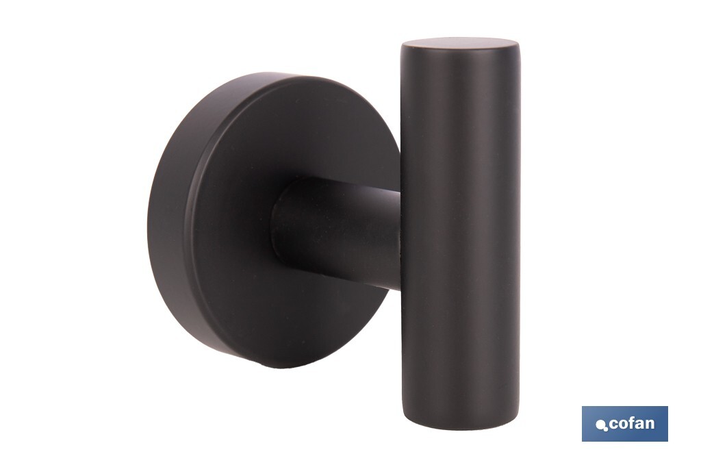 Percha negra mate | Material: acero inoxidable | Diseño redondo | Kit de fijación incluido | Medidas: 5 x 5 x 6 cm