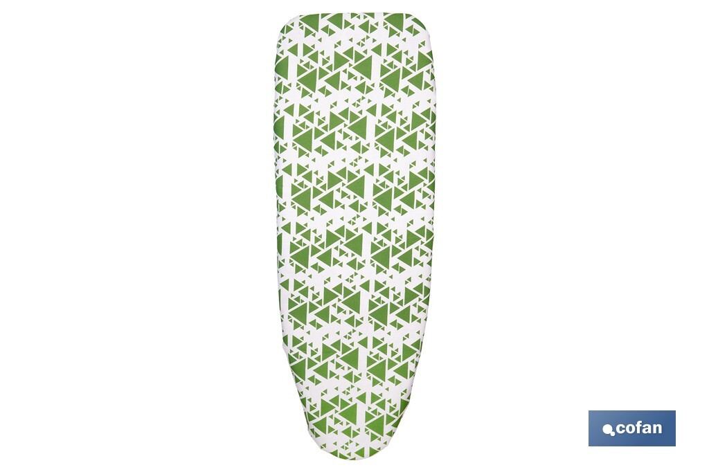 Funda acolchada para tabla de planchar | Tamaño universal | Estampado de triángulos verdes | Material: 100 % algodón | Refleja 