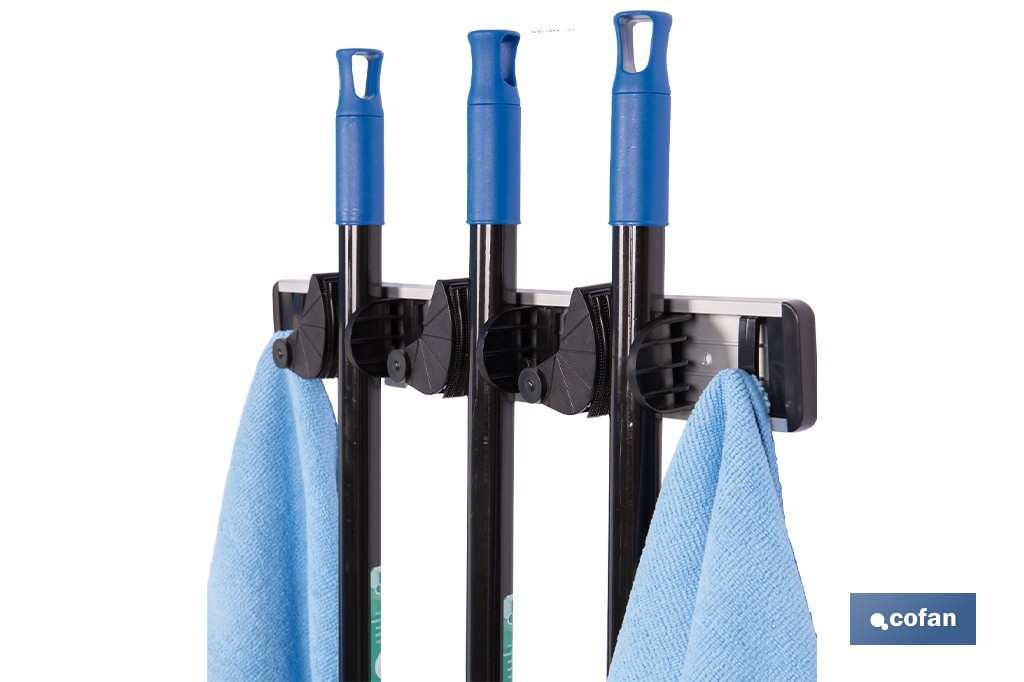 Colgador de escobas y fregonas con 3 soportes y 4 ganchos | Organizador de pared fuerte, práctico y ajustable