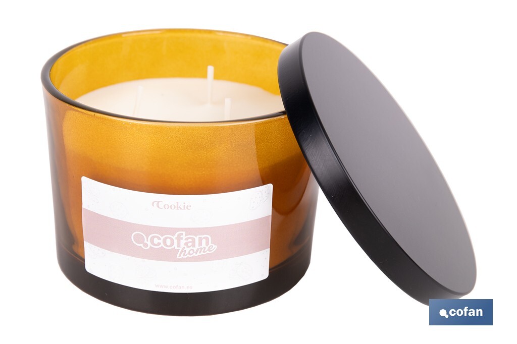 Vela aromática Cookie de 3 mechas | Cera de soja | Aroma a canela napolitana | Vaso de vidrio ámbar decorativo | Duración de co