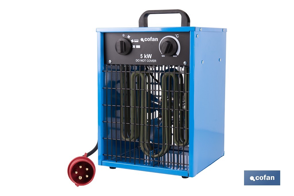Calefactor eléctrico con enchufe industrial | Potencia: 5000 W | Función ventilador | Enchufe tipo trifásico (5 pines) | Protec