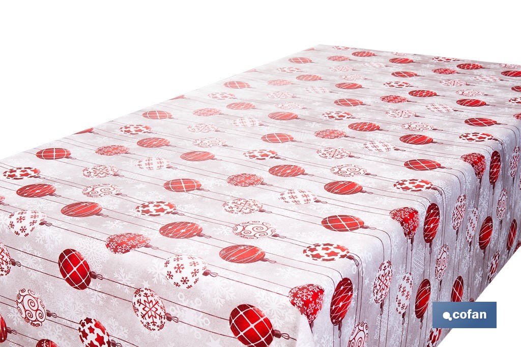 Rollo de mantel resinado antimanchas con bolas de Navidad | Materiales: 75 % algodón y 25 % poliéster | Diseño navideño, fácil 