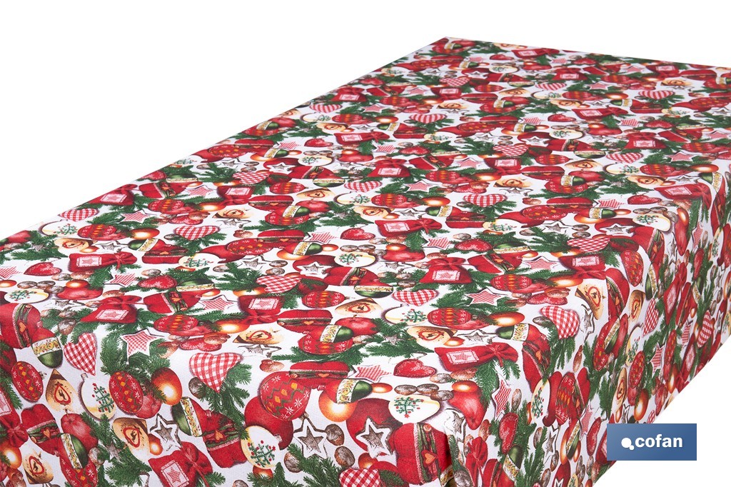 Rollo de mantel resinado antimanchas con adornos y ramas de abeto | Materiales: 75 % algodón y 25 % poliéster | Diseño navideño