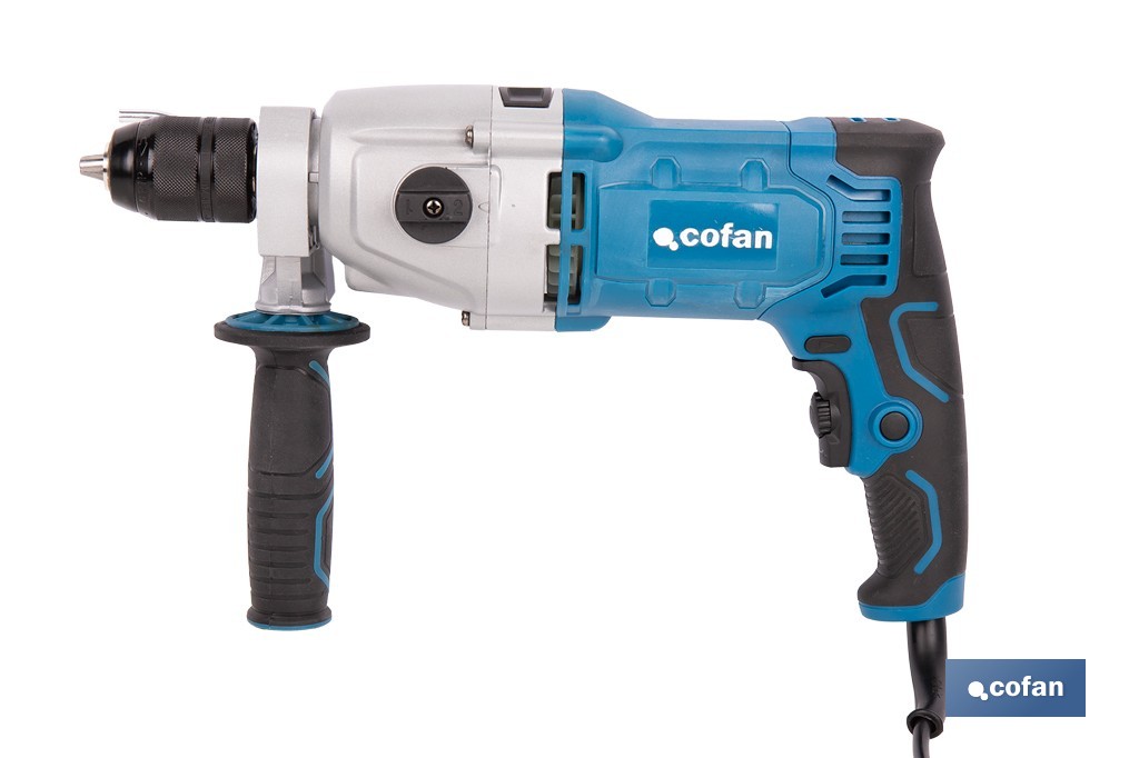 Taladro percutor eléctrico 1200 W con 2 velocidades, portabrocas automático 13 mm | Empuñadura multiposición y control de veloc