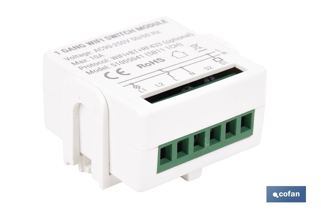 Relé inteligente de 1 interruptor WiFi | Aplicación: Smart Life o Tuya | Conectividad WiFi + Bluetooth | Para luces de hasta 10