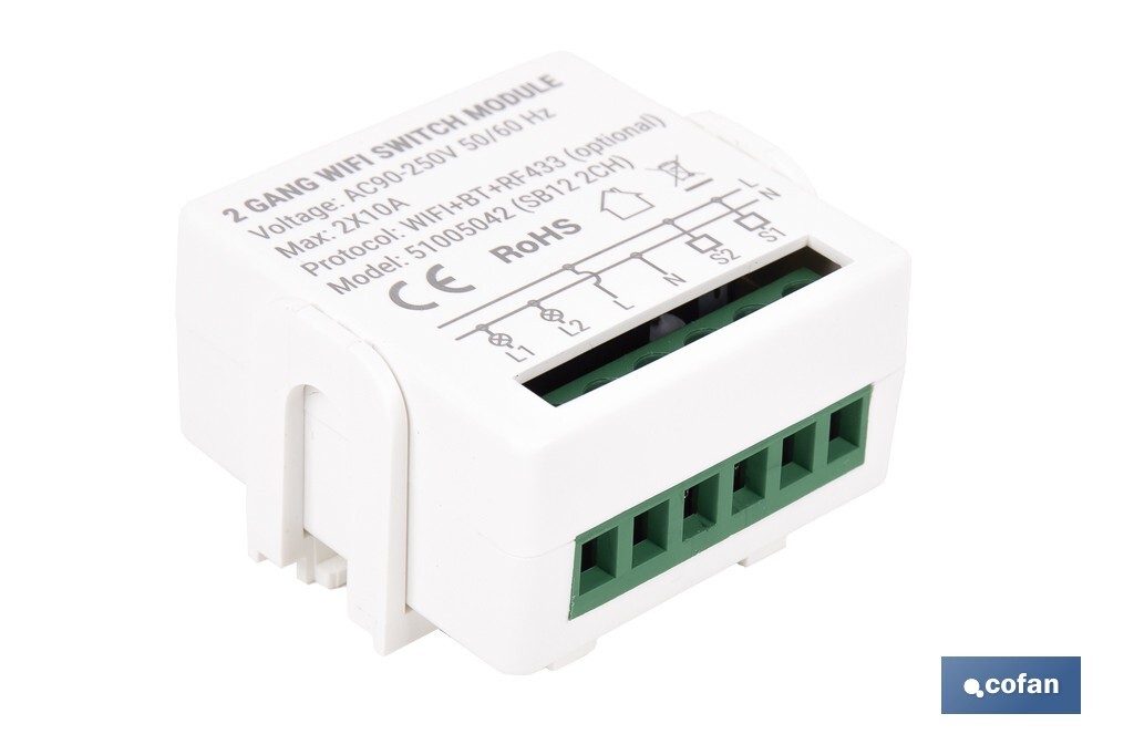 Relé inteligente de 2 interruptores WiFi | Aplicación: Smart Life o Tuya | Conectividad WiFi + Bluetooth | Para luces de hasta