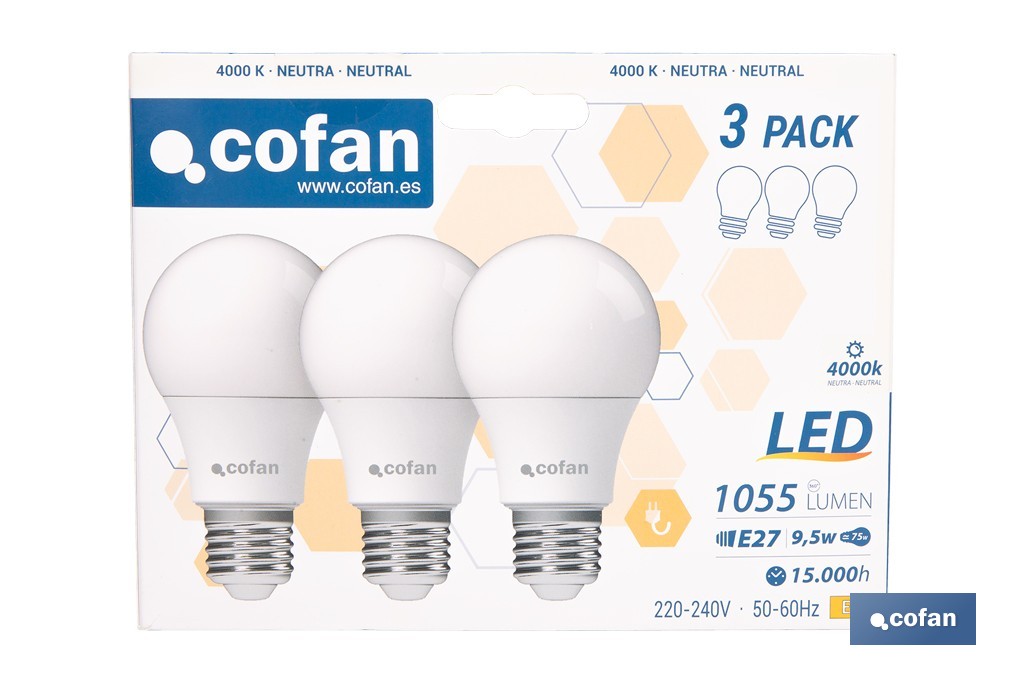 Pack de 3 bombillas LED classic E27 de luz neutra 4000K Potencia 9,5 W y 1055 lúmenes | Ahorro de energía y larga duración 15.0