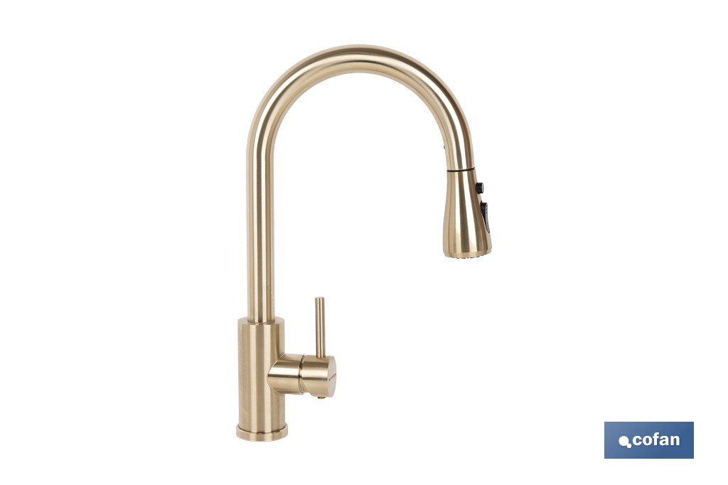 Grifo de cocina extensible dorado con 3 funciones y giro 360° | Material: acero inoxidable | Acabado cepillado | Cartucho cerám